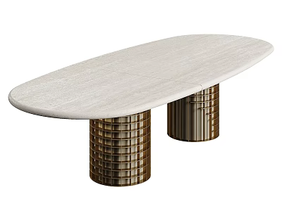 Elegant Modern Desk With Oval Light Colored Marble Top And Golden Cylindrical Striped Legs 3d model