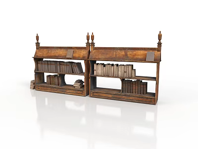Wooden Bookshelves With Carved Tops And Stacked Books For Home 3d model