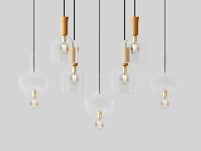 Stylish Modern Glass Pendant Lights With Wooden Accents And Clear Shades 3d model