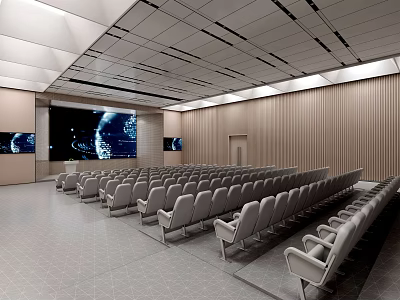 Modern Spacious Conference Room Interior With Rows Of Chairs And Large Projection Screen 3d model