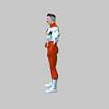 Muscular Man in Red and White Tight Costume Standing Pose Against Gray Background
