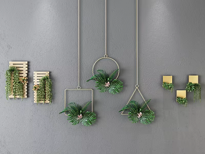 Hanging Basket Plants With Circular Square Triangular Shapes On Gray Wall Wooden Planks And Lights 3d model