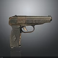 Vintage Pistol With Bronze Metallic Finish Engraved Details And Diamond Patterned Grip
