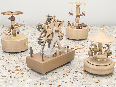 Wooden Decorative Ornament Set With Ferris Wheel Carousel And Animal Figures For Home Tabletop Decor 3d model