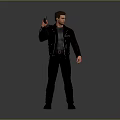 Man in black leather jacket holding gun with black pants and boots standing pose