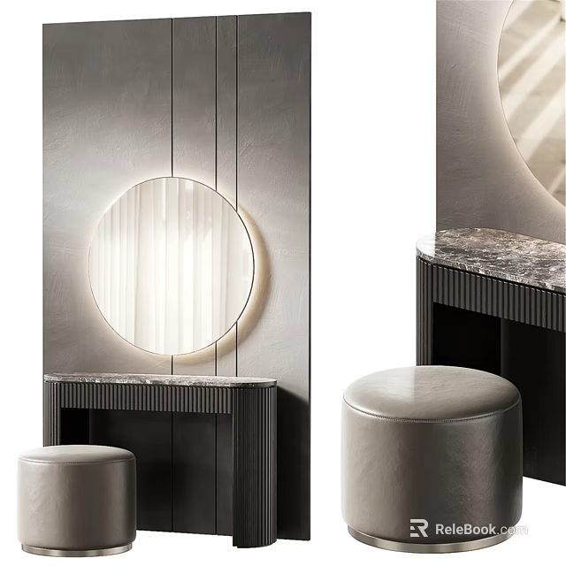 Modern Dressing Table Design With Round Mirror Marble Countertop And Stool 3d model 