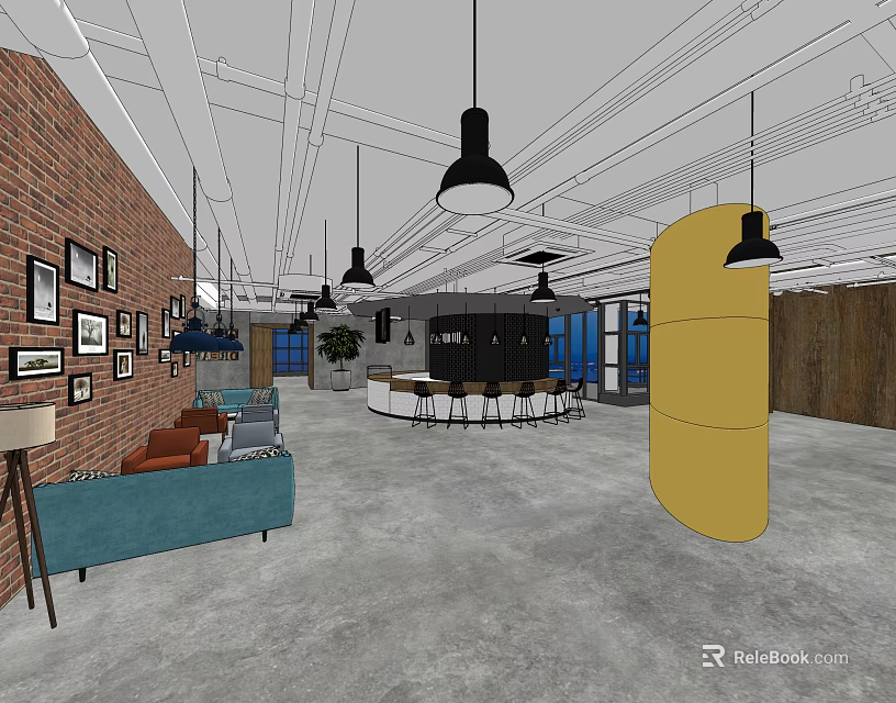 Modern Café Interior With Exposed Brick Wall Hanging Pendant Lights Cozy Sofa And Bar Counter 3d model 