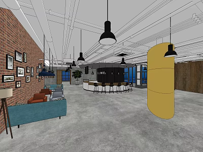 Modern Café Interior With Exposed Brick Wall Hanging Pendant Lights Cozy Sofa And Bar Counter 3d model
