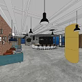Modern Café Interior With Exposed Brick Wall Hanging Pendant Lights Cozy Sofa And Bar Counter