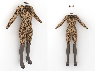 Stylish Leopard Print Jumpsuit With Cat Ear Headband Gray Thigh High Socks And High Heels 3d model