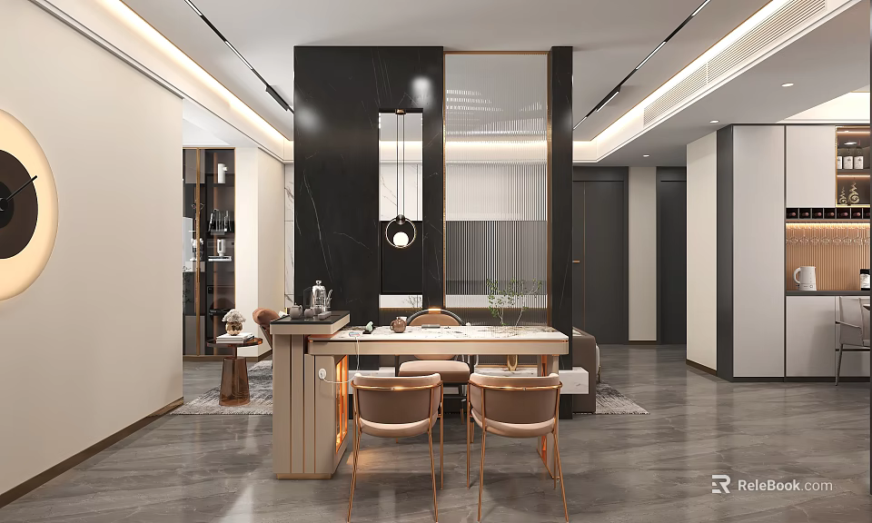 Modern Elegant Restaurant Interior With Black And Gold Pendant Lights Dining Table Open Layout 3d model