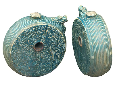 Turquoise Ceramic Vessels With Carved Patterns Dragon Head Decoration And Flat Round Shape 3d model