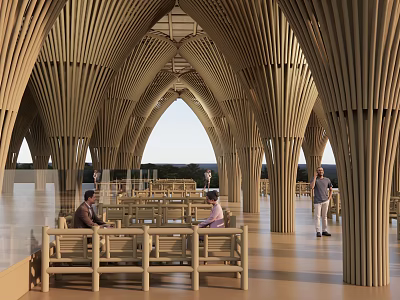 Traditional Teahouse Interior With Wooden Arch Structures And Comfortable Seating Areas 3d model