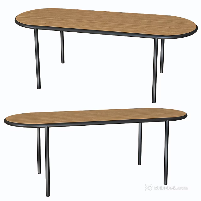 Modern Wooden Desk with Oval Shape and Black Metal Legs Design 3d model 