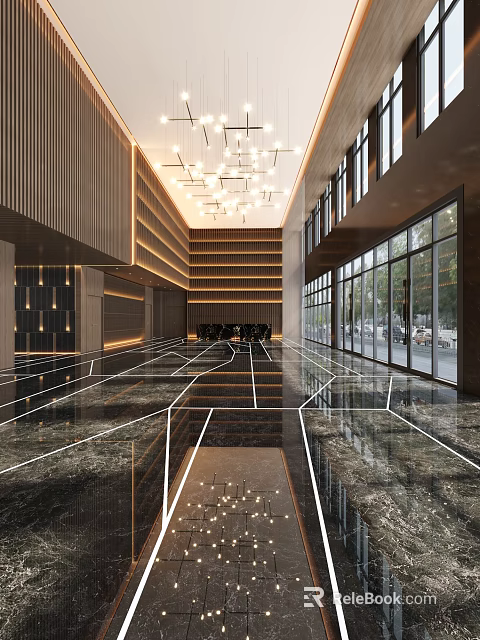 Modern Hotel Lobby Interior Design With Marble Floor Geometric Lines And Large Windows 3d model 