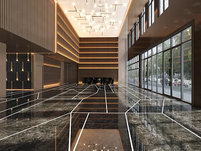 Modern Hotel Lobby Interior Design With Marble Floor Geometric Lines And Large Windows 3d model