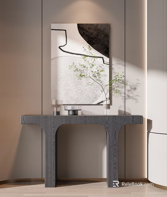 Stylish Grey Console Table With Green Plant Mirror And Decorative Items 3d model 