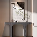 Stylish Grey Console Table With Green Plant Mirror And Decorative Items