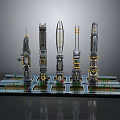 Cartoon Scene Featuring Different Futuristic Towers On Platform With Green Areas And Metallic Details