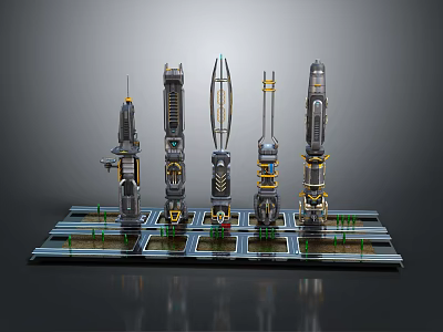 Cartoon Scene Featuring Different Futuristic Towers On Platform With Green Areas And Metallic Details 3d model