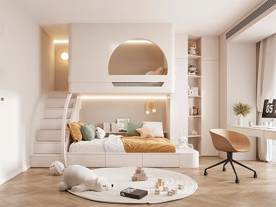 Modern Kids Room With Bunk Bed Staircase Pillowed Area Toys Desk Chair And Bookshelves 3d model