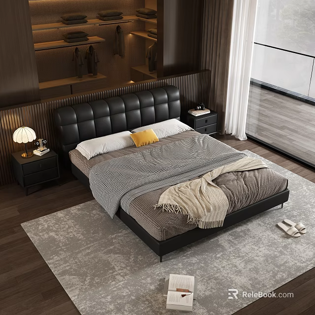 Modern Bedroom With Black Leather Headboard Gray Beige Bedding Nightstands Lamp Rug And Wooden Floor 3d model 