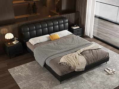 Modern Bedroom With Black Leather Headboard Gray Beige Bedding Nightstands Lamp Rug And Wooden Floor 3d model