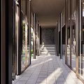 Modern Commercial Street With Glass Roof Open Courtyard And Wooden Structures