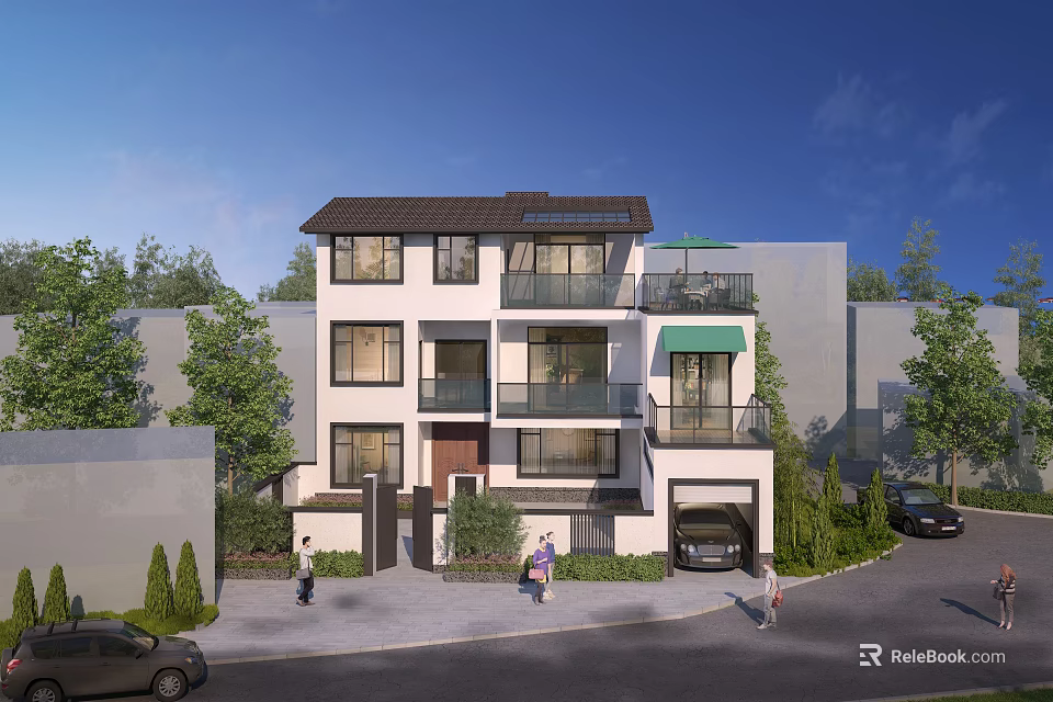 Modern Detached Villa with Three Floors Garage Balcony and Lush Green Surroundings 3d model 