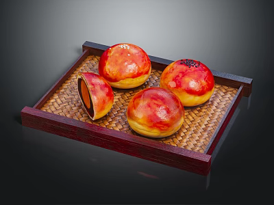 Delicious Chinese Pastries With Red Yellow Crust One Cut Open Showing Filling On Wooden Tray 3d model