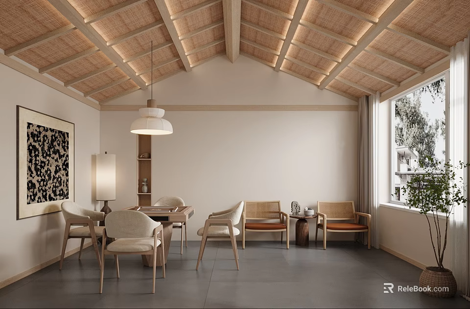 Modern Hotel Chess And Card Room Interior With Wooden Ceiling And Comfortable Chairs 3d model 