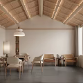 Modern Hotel Chess And Card Room Interior With Wooden Ceiling And Comfortable Chairs