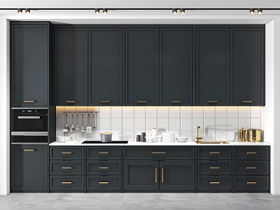Modern Dark Kitchen Cabinets With Golden Handles White Countertop And Storage Drawers 3d model