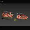 Raw Meat Display On Metal Stands With Hanging Pieces And Scale
