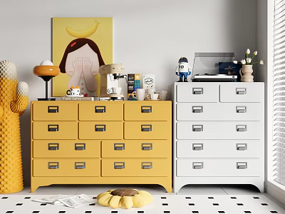 Modern Console Side Cabinet Interior with Yellow White Drawers Wall Art and Sunflower Decor 3d model