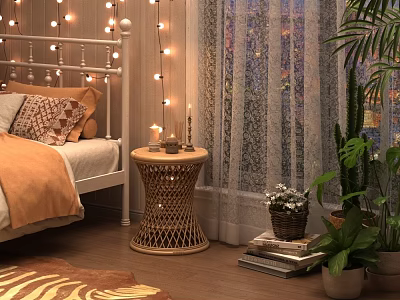 Background Double Bed With White Frame Orange Blanket Woven Side Table Lace Curtains String Lights 3d model