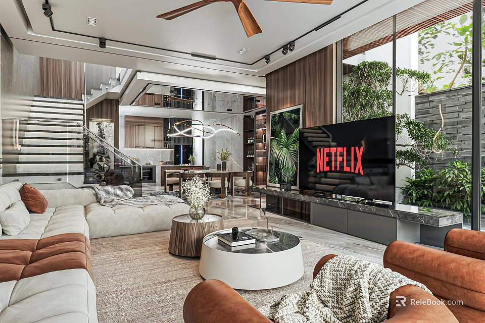 Modern Living Dining Area Interior Design With Sofa Coffee Table TV Netflix And Plants 3d model 