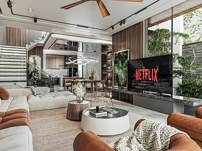 Modern Living Dining Area Interior Design With Sofa Coffee Table TV Netflix And Plants 3d model