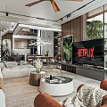 Modern Living Dining Area Interior Design With Sofa Coffee Table TV Netflix And Plants
