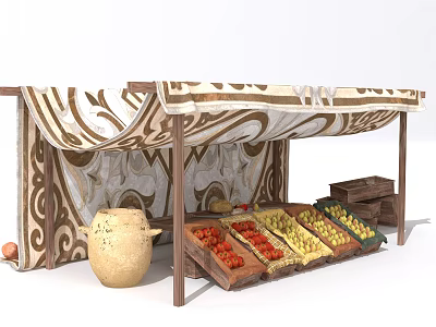 Traditional Fruit Stall With Patterned Canopy Clay Pot And Wooden Crates Of Fruits 3d model