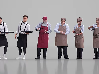 Multiple Professional Diverse Restaurant Staff Wearing Aprons Holding Trays Standing In Line 3d model