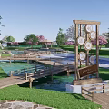 Tranquil Park Landscape With Cherry Blossom Trees Lush Green Lawns And Wooden Bridges