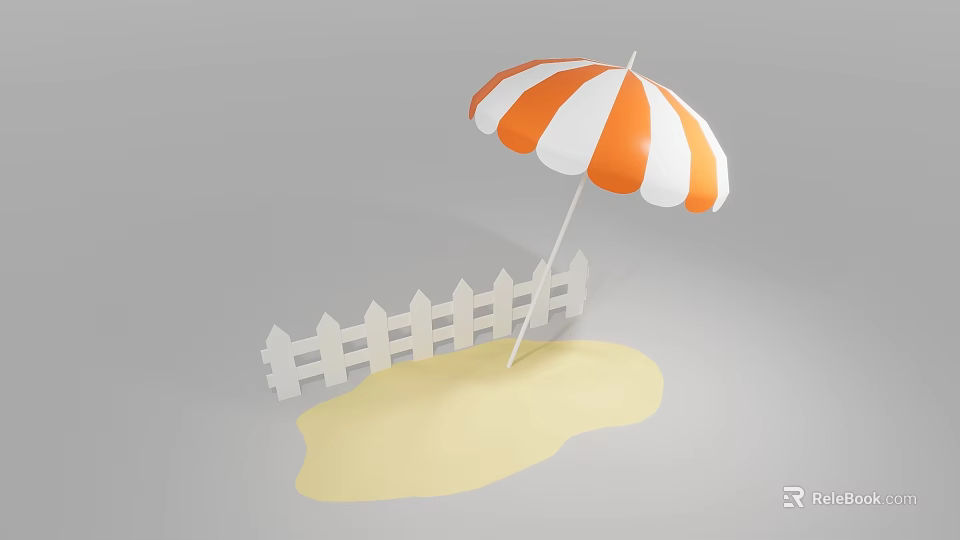 Outdoor Orange And White Striped Sunshade Standing On Sand With White Fence 3d model 