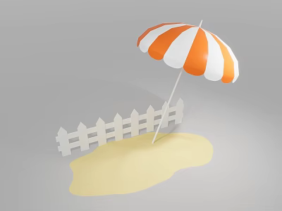 Outdoor Orange And White Striped Sunshade Standing On Sand With White Fence 3d model
