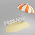 Outdoor Orange And White Striped Sunshade Standing On Sand With White Fence