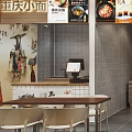 Modern Restaurant Interior With Multiple Food Stalls Cashier Counters And Tables Chairs