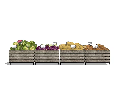 Wooden Display Shelf with Fresh Organized Fruits Vegetables and Labeled Sections 3d model