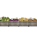 Wooden Display Shelf with Fresh Organized Fruits Vegetables and Labeled Sections