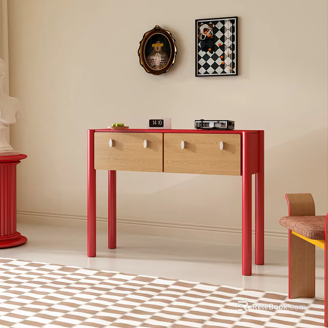 Entryway Console Table With Red Legs Light Wood Drawers White Knobs Wall Decor Checkerboard Floor 3d model 