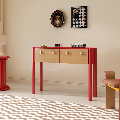 Entryway Console Table With Red Legs Light Wood Drawers White Knobs Wall Decor Checkerboard Floor 3d model